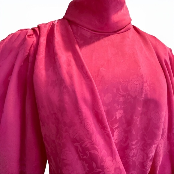 🌷Ronny Kobo Hot Pink Floral Jacquard Draped Mini Dress Turtleneck Long Sleeve M - Picture 6 of 13